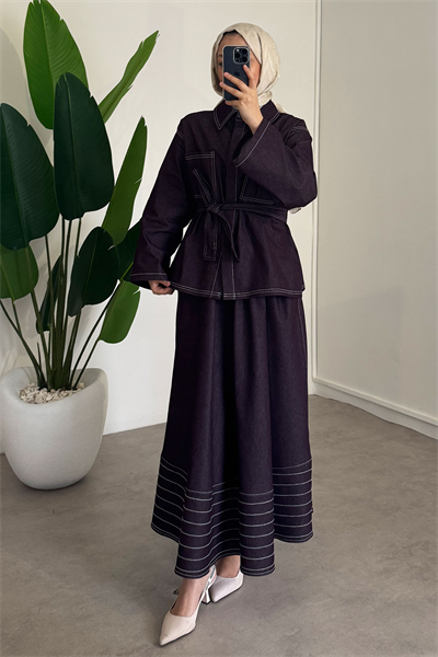 Dikiş Detaylı Denim Takım - Bordo