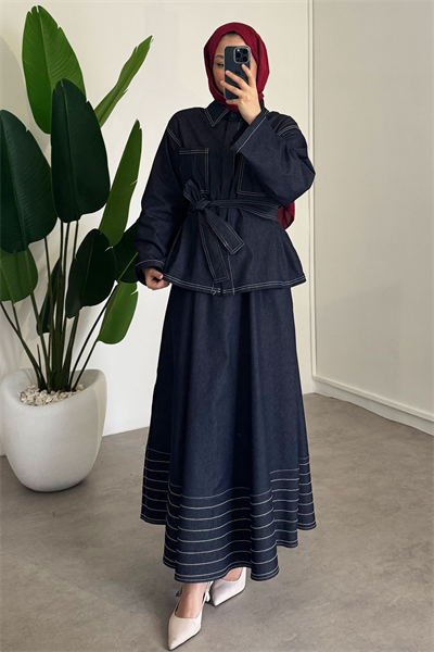 Dikiş Detaylı Denim Takım - Lacivert