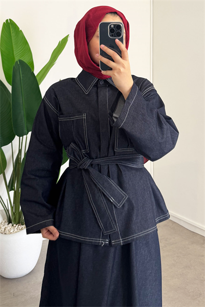 Dikiş Detaylı Denim Takım - Lacivert