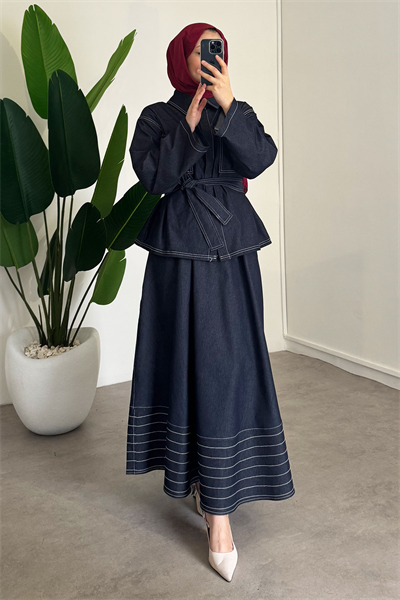 Dikiş Detaylı Denim Takım - Lacivert