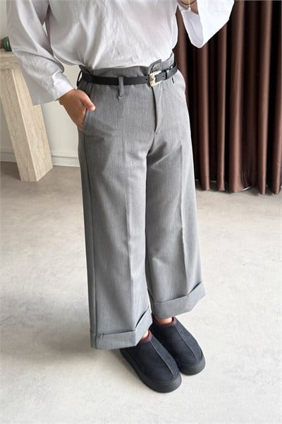 Double Paça Pantolon - Grı