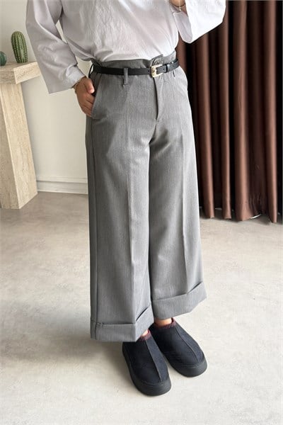 Double Paça Pantolon - Grı