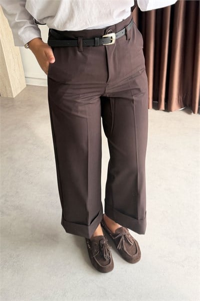 Double Paça Pantolon - Kahverengi