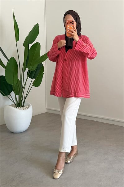 Dügme Detay Kimono - Kırmızı