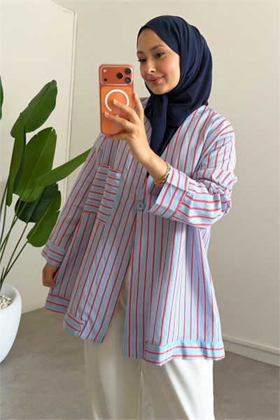 Dügme Detay Kimono - Mavi