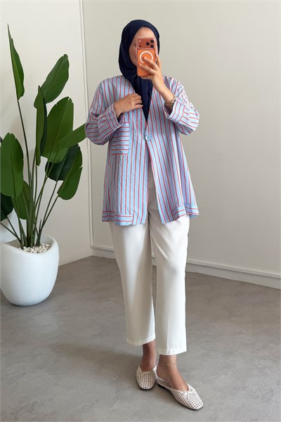 Dügme Detay Kimono - Mavi