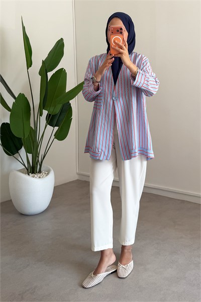 Dügme Detay Kimono - Mavi