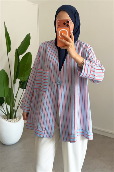 Dügme Detay Kimono - Mavi