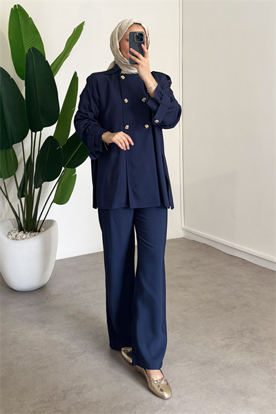 Düğme Detay Takım - Lacivert