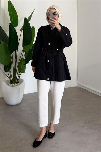 Düğme Detaylı Ceket - Siyah