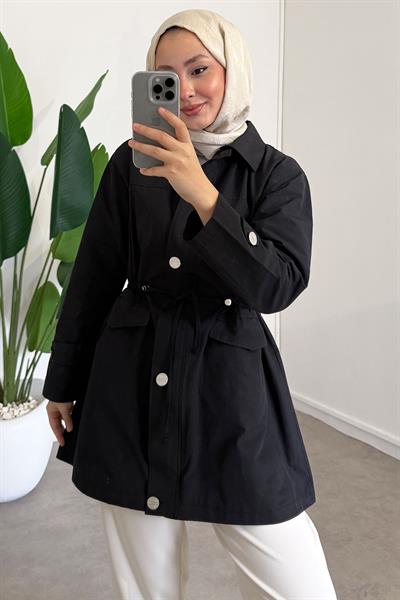 Düğme Detaylı Ceket - Siyah