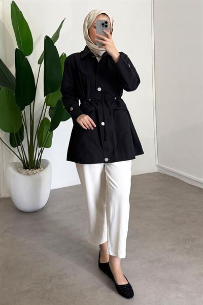 Düğme Detaylı Ceket - Siyah