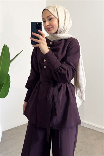 Düğme Detaylı Takım - Bordo