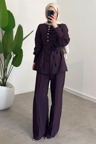 Düğme Detaylı Takım - Bordo