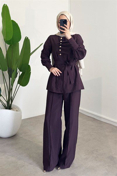 Düğme Detaylı Takım - Bordo