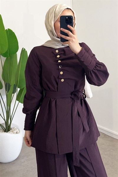 Düğme Detaylı Takım - Bordo