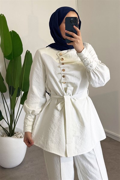 Düğme Detaylı Takım - Ekru