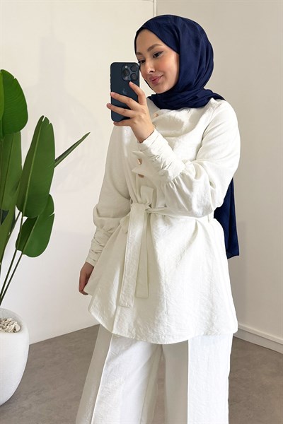 Düğme Detaylı Takım - Ekru