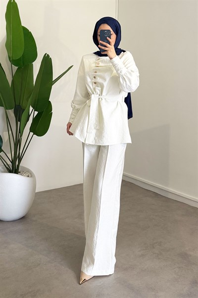 Düğme Detaylı Takım - Ekru