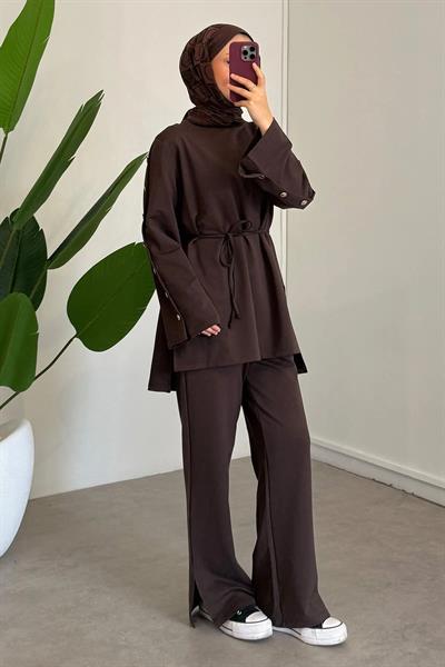 Düğme Detaylı Takım - Kahverengi