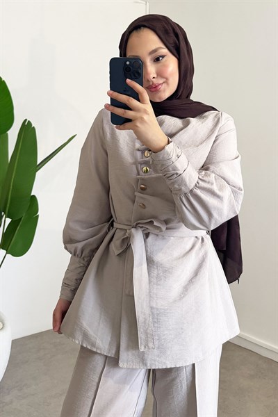 Düğme Detaylı Takım - Vizon