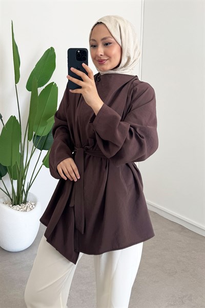 Düğme Detaylı Tunik - Kahverengi