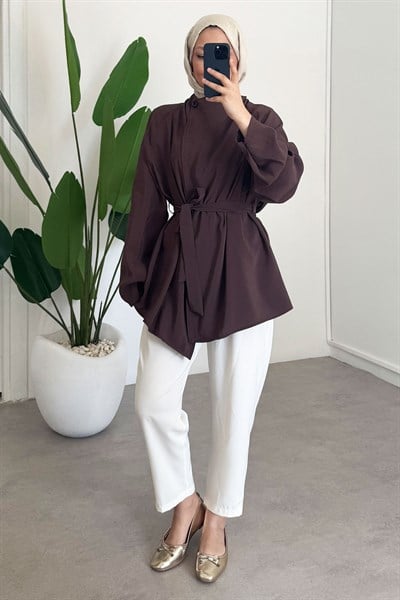 Düğme Detaylı Tunik - Kahverengi