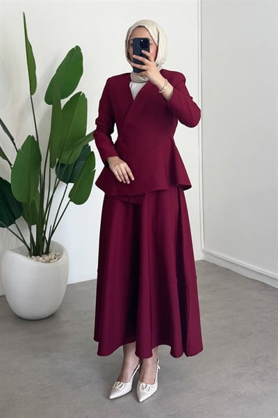 Dügmeli Ceket Takım - Bordo