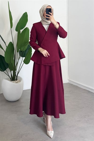 Dügmeli Ceket Takım - Bordo