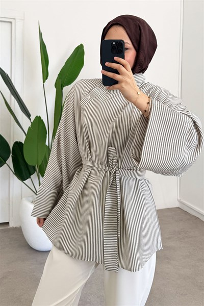 Düğmeli Cizgili Tunik - Haki Yeşil