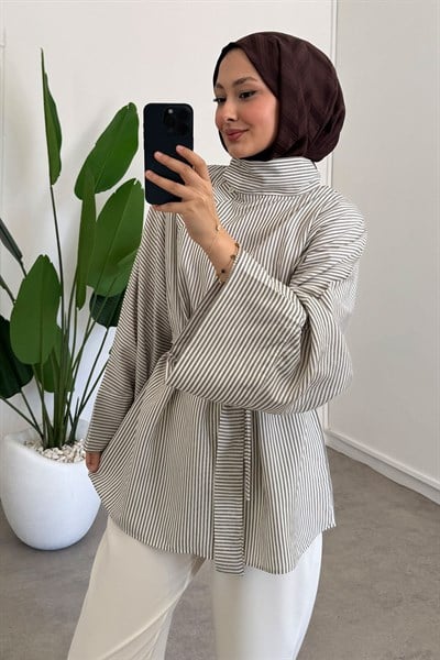 Düğmeli Cizgili Tunik - Haki Yeşil