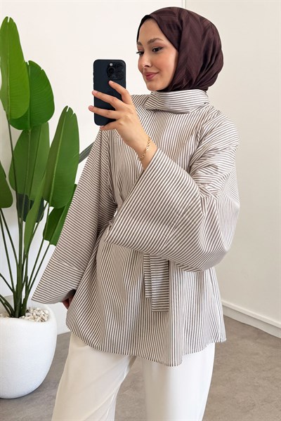 Düğmeli Cizgili Tunik - Kahverengi
