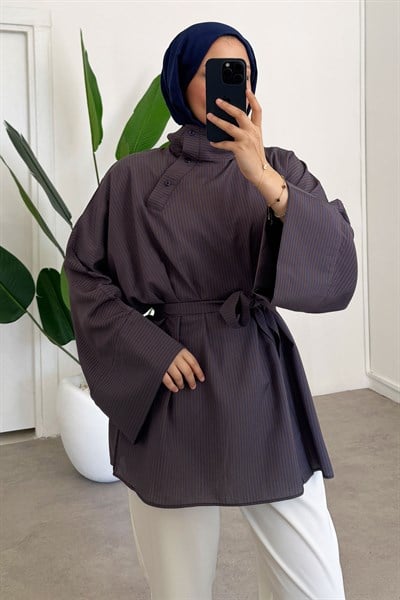 Düğmeli Cizgili Tunik - Lacivert