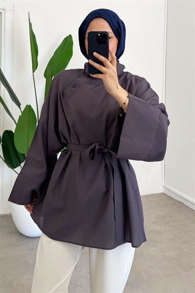 Düğmeli Cizgili Tunik - Lacivert