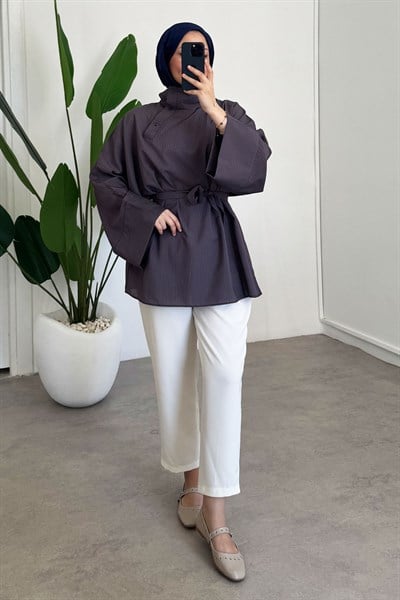 Düğmeli Cizgili Tunik - Lacivert