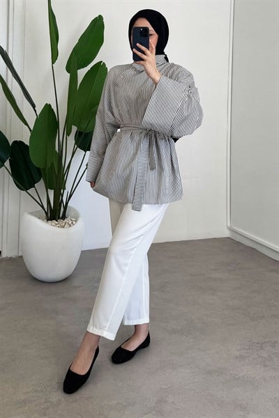 Düğmeli Cizgili Tunik - Siyah