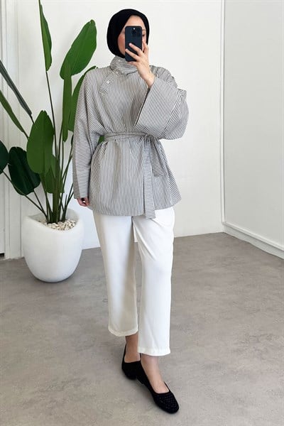 Düğmeli Cizgili Tunik - Siyah