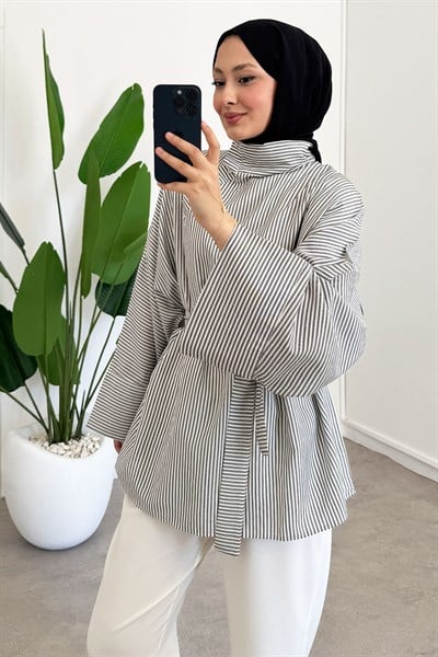 Düğmeli Cizgili Tunik - Siyah