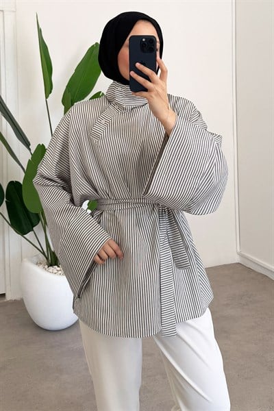Düğmeli Cizgili Tunik - Siyah