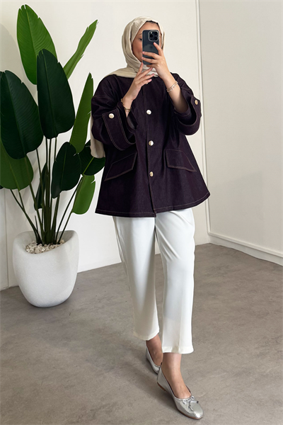 Düğmeli Denim Ceket - Bordo