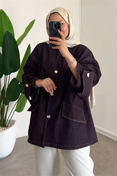 Düğmeli Denim Ceket - Bordo