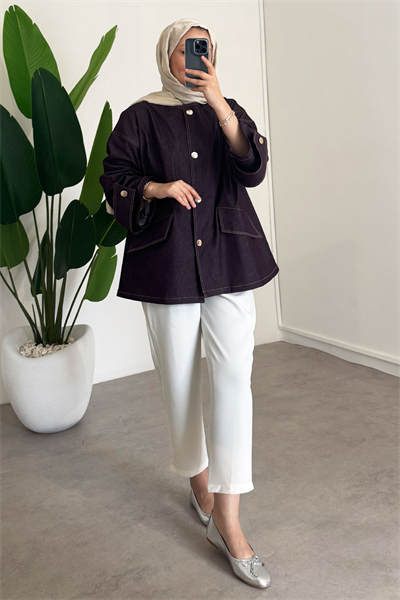 Düğmeli Denim Ceket - Bordo