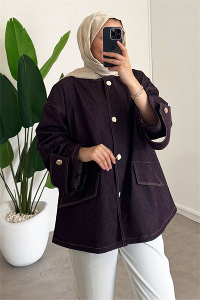 Düğmeli Denim Ceket - Bordo