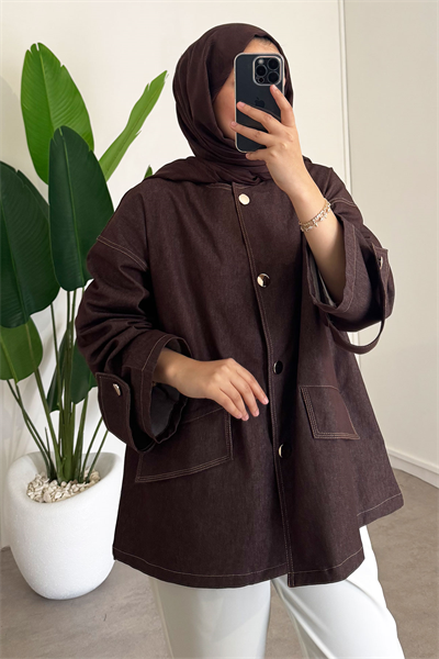 Düğmeli Denim Ceket - Kahverengi