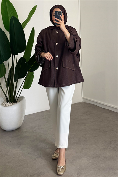 Düğmeli Denim Ceket - Kahverengi
