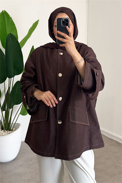 Düğmeli Denim Ceket - Kahverengi