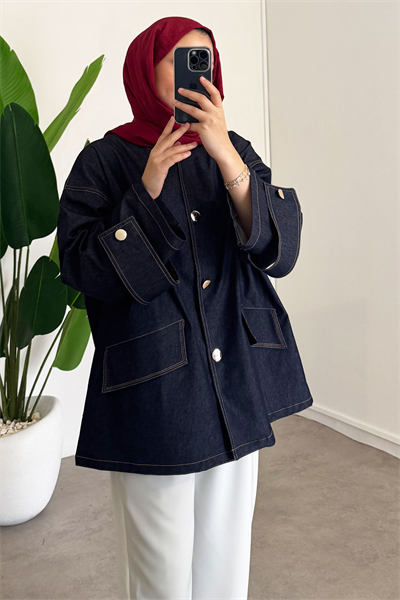 Düğmeli Denim Ceket - Lacivert