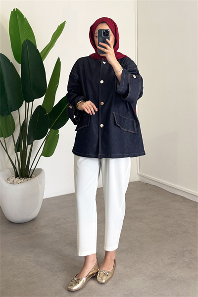 Düğmeli Denim Ceket - Lacivert