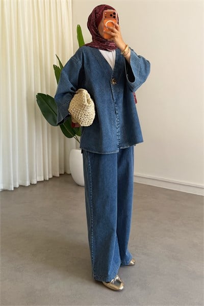 Dügmeli Denim Takım - Açık Kot