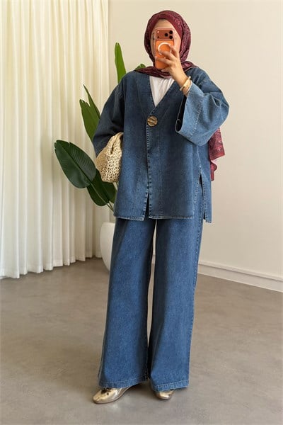 Dügmeli Denim Takım - Açık Kot